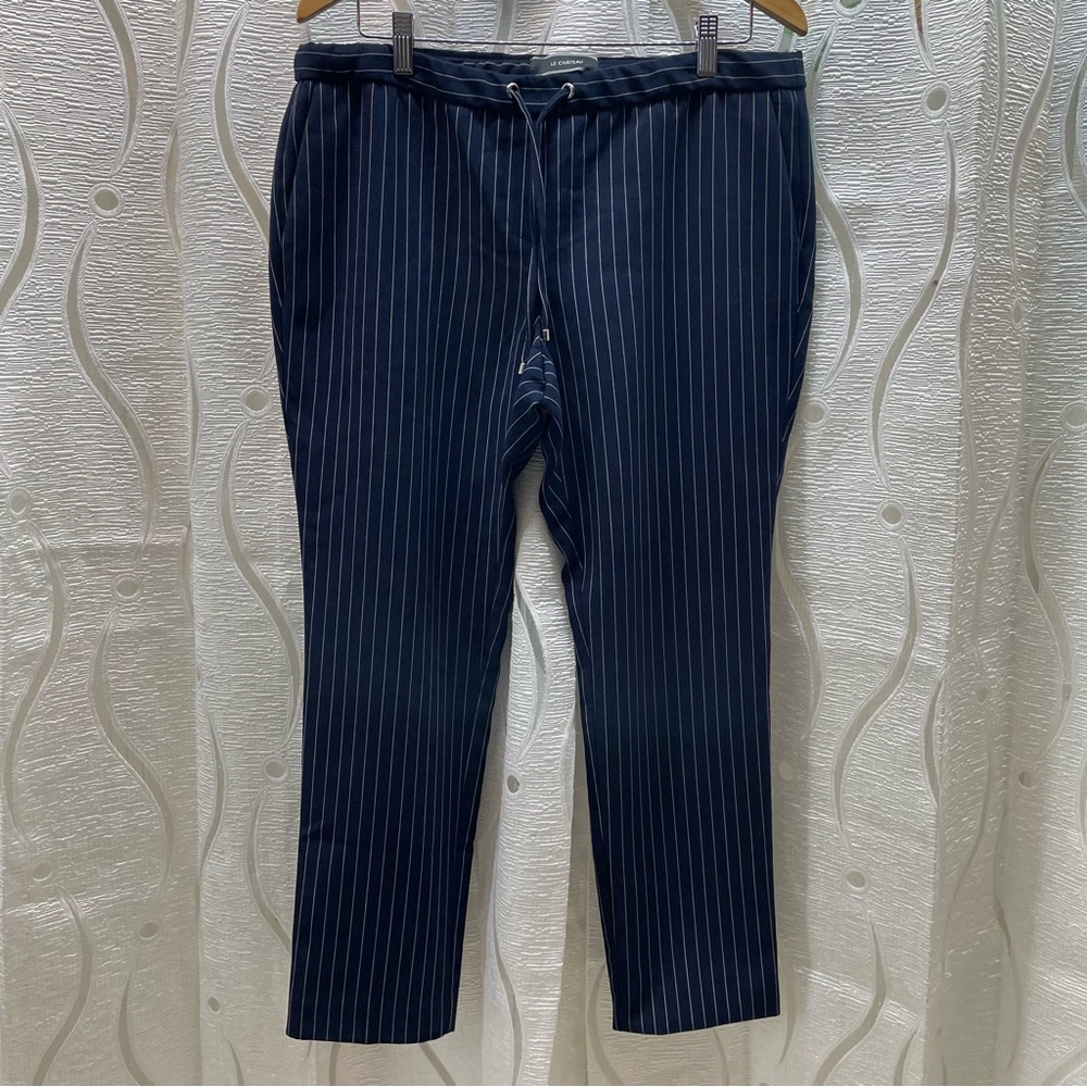 Le Chateau Pinstripe Trousers Womens XL Navy Blue Excellent Drawstring Workwear‎